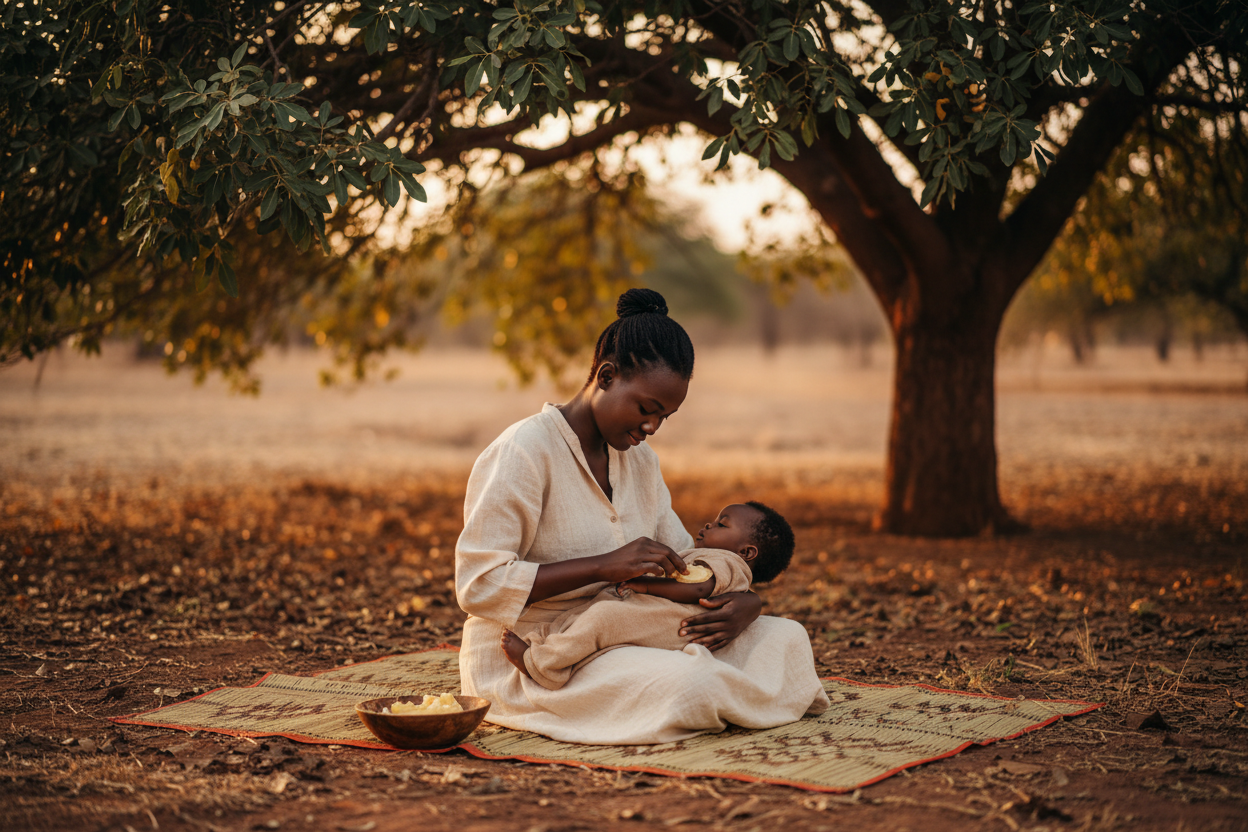 Femme appliquant du beurre de karité à son bébé sous un arbre de karité